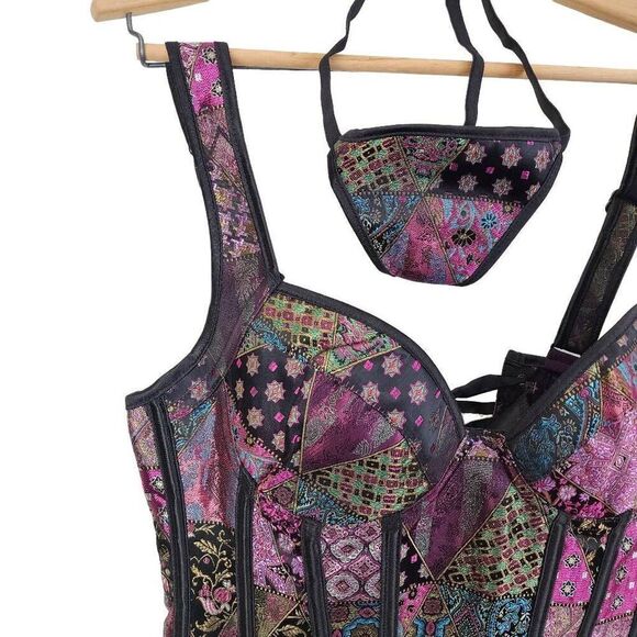 Women's Multicolor Two-Piece Lace Up Push-Up Tank Corset Bustier Size Large - Picture 5 of 10